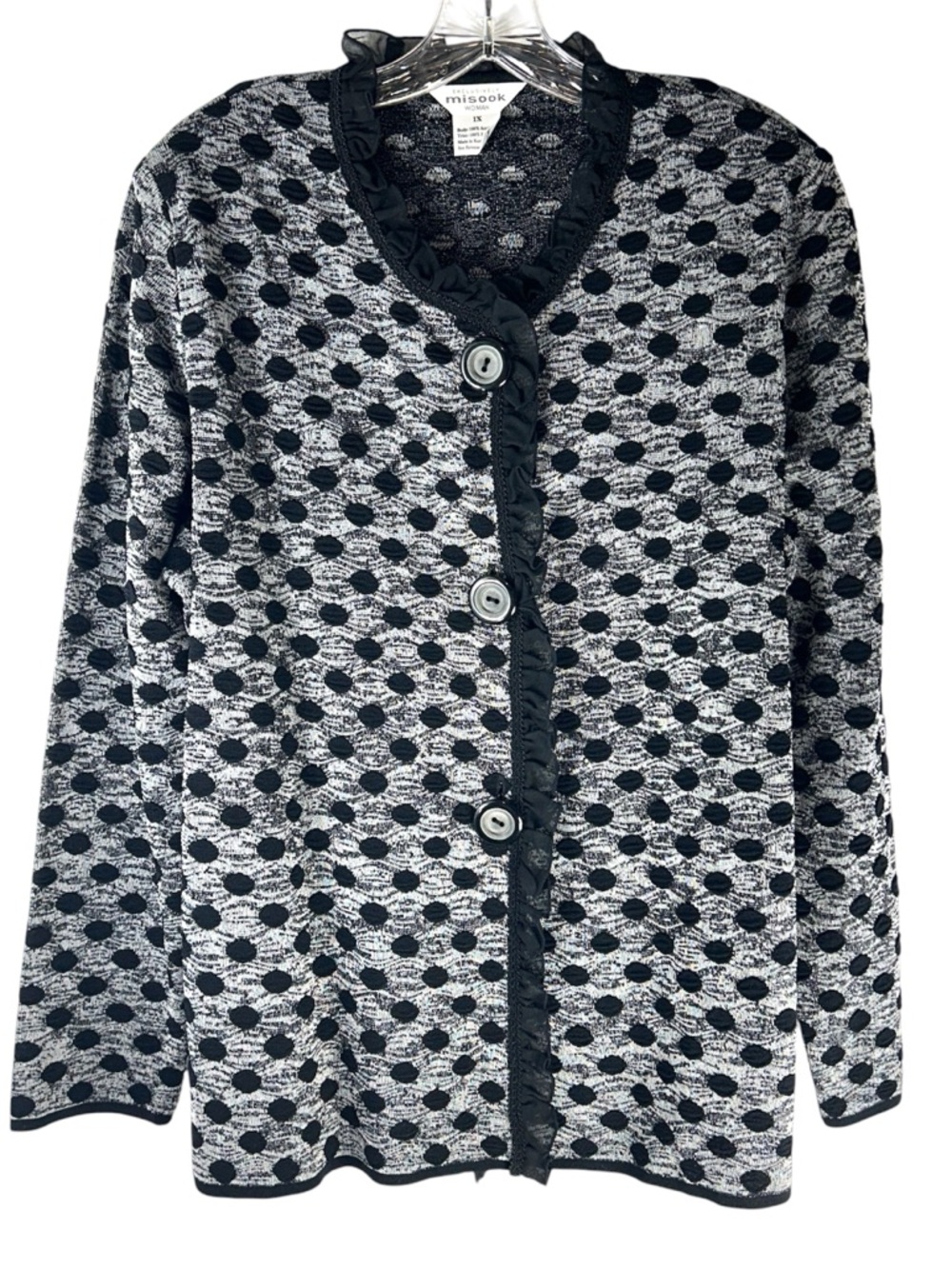 Womens Misook Knit Blazer 1X Black White Polka Dot Ruffle sweater Button Jacket